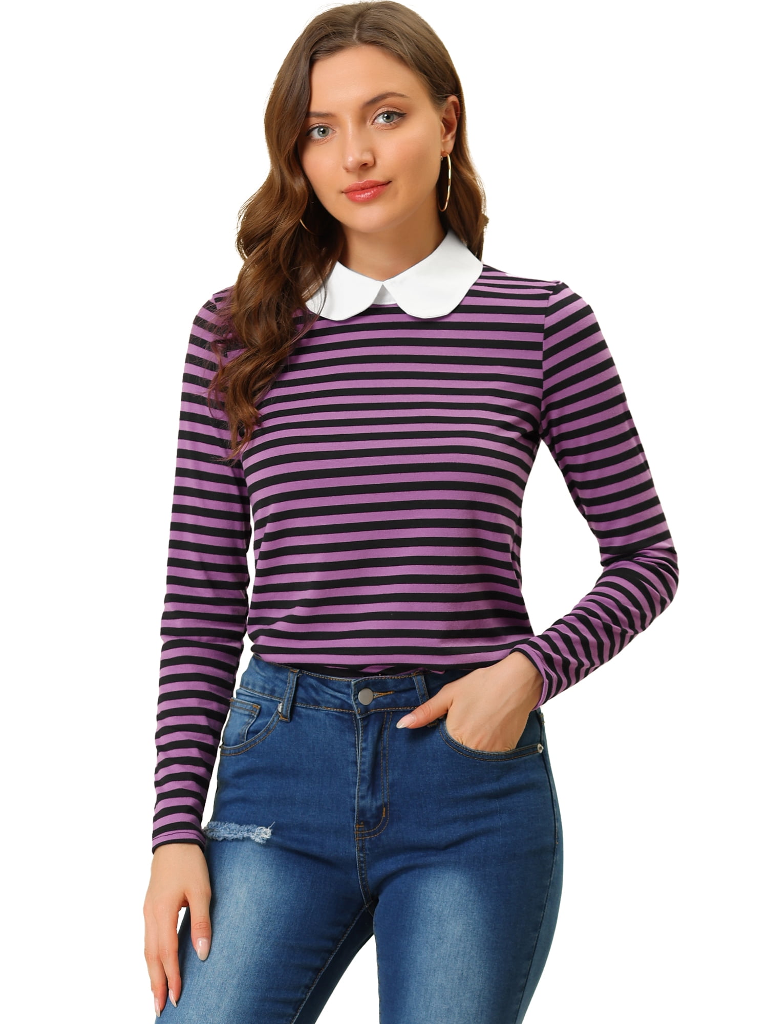 Unique Bargains Women's Long Sleeve Peter Pan Collar Long Sleeve Striped Top M Purple Black