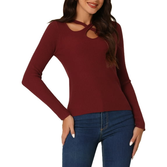 Unique Bargains Women's Long Sleeve Ribbed Knitted Tops Casual Cut Out Pullover Sweater XL Red