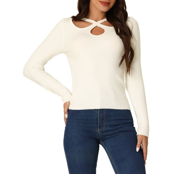 Unique Bargains Women's Long Sleeve Ribbed Knitted Tops Casual Cut Out Pullover Sweater XL White