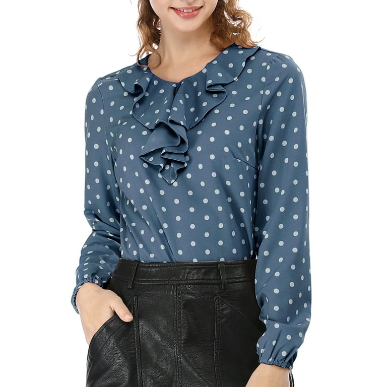 Unique Bargains Women's Long Sleeve Ruffle Neck Polka Dots Blouse Shirt L  Blue Gray-Dots 