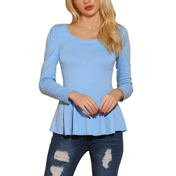 Unique Bargains Women's Long Sleeve Scoop Neck Peplum Top S Light Blue