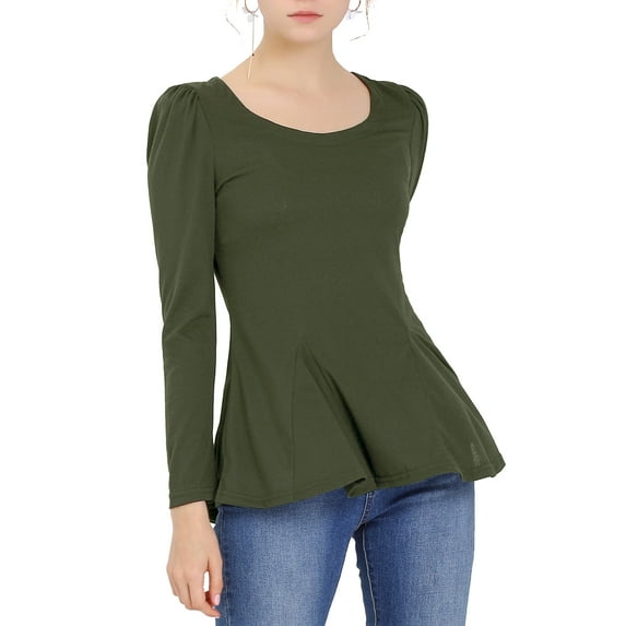 Unique Bargains Women's Long Sleeve Scoop Neck Peplum Top XL Green