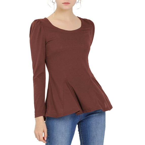 Unique Bargains Women's Long Sleeve Scoop Neck Peplum Top XS Caramel