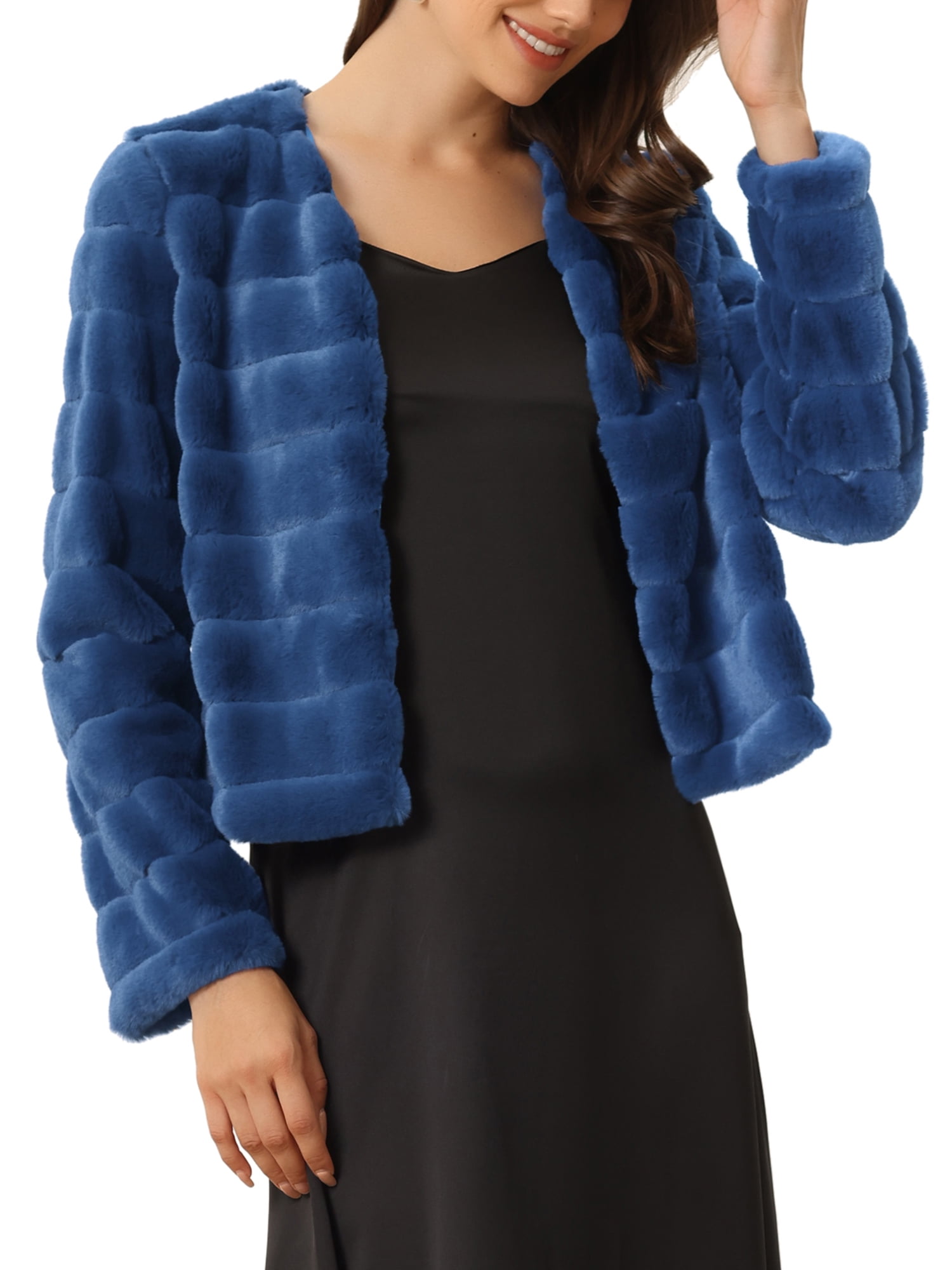 Unique Bargains Women's Long Sleeve Solid Color Collarless Shaggy Soft Faux  Fur Coat M Royal Blue