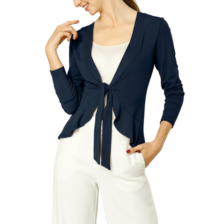 Unique Bargains Women's Long Sleeve Tie Front Ruffled Hem Crop Knit Cardigan  XL Blue 