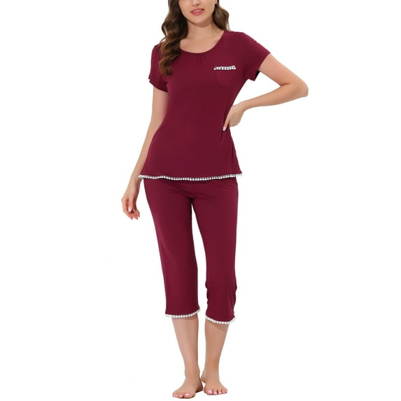 Unique Bargains Women's Lounge Pajama Round Neck Capri Nightwear Casual Sleepwear Sets