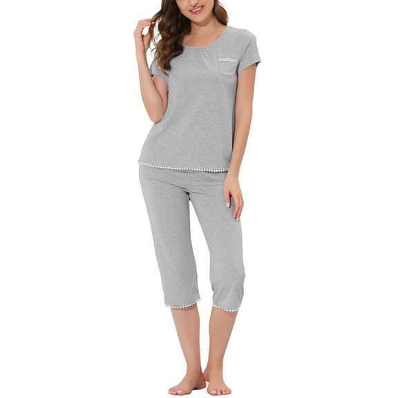 Unique Bargains Women's Lounge Pajama Round Neck Capri Nightwear Casual Sleepwear Sets