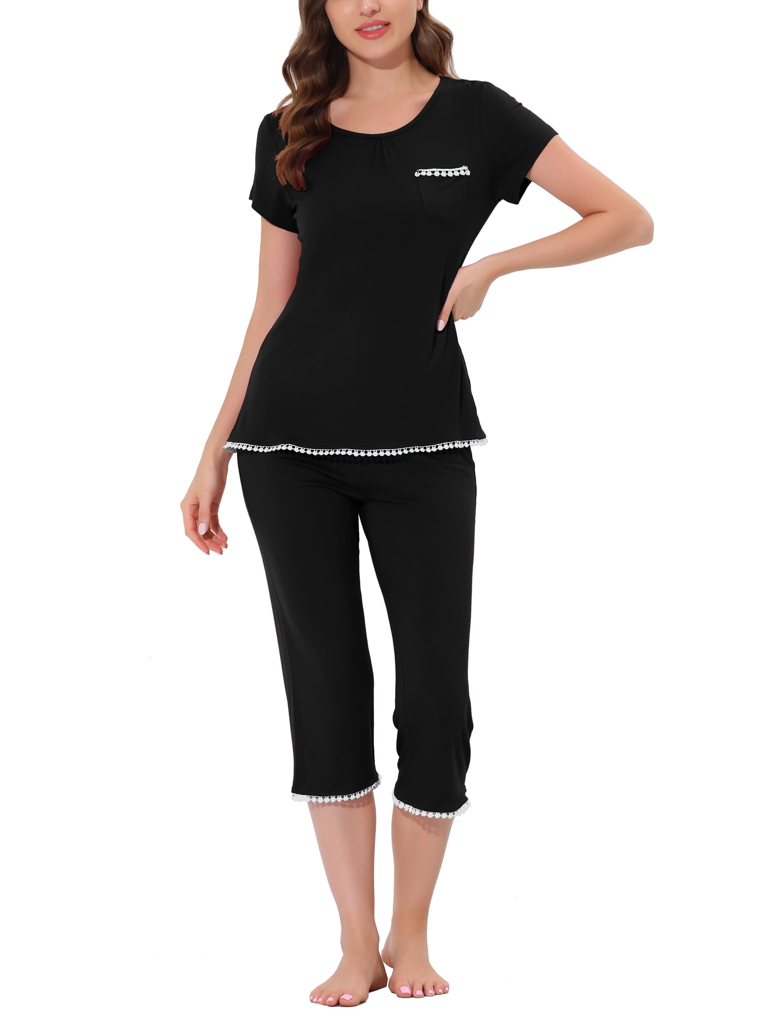 Unique Bargains Women's Lounge Pajama Round Neck Capri Nightwear Casual Sleepwear Sets
