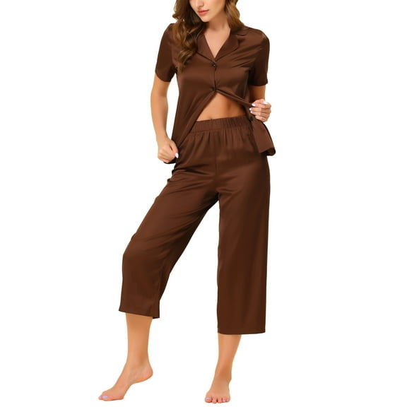 Unique Bargains Women's Loungewear Tops and Capri Pants Satin Pajama Sleepwear Sets