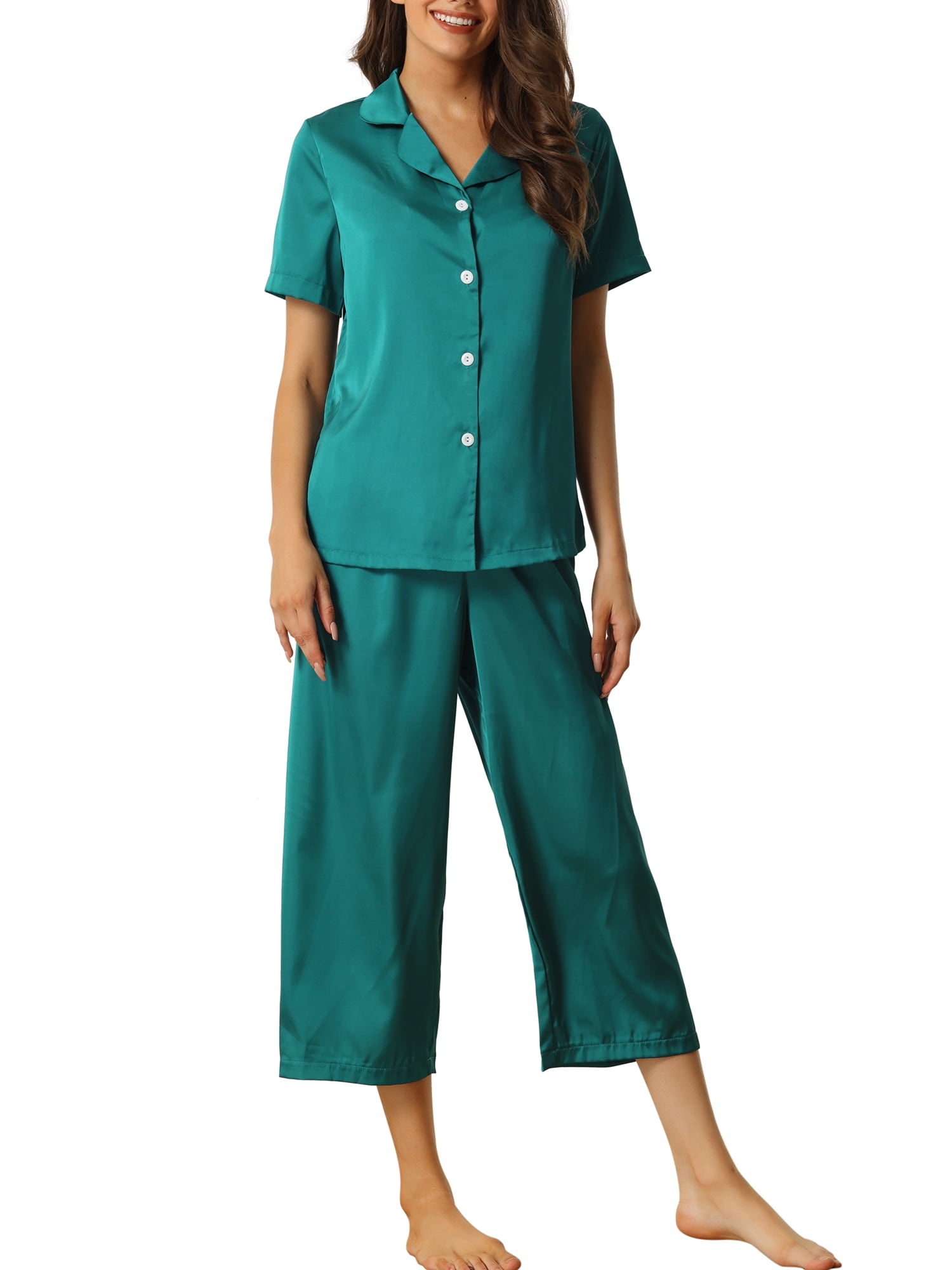 Unique Bargains Women's Loungewear Tops and Capri Pants Satin Pajama Sleepwear Sets