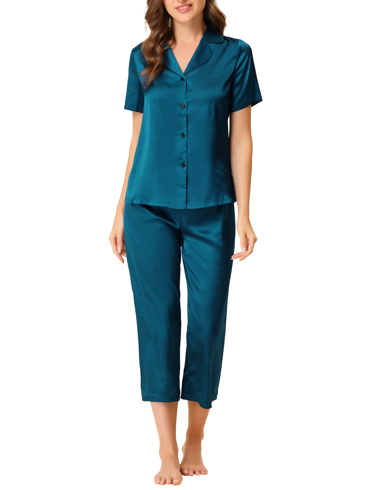 Unique Bargains Women's Loungewear Tops and Capri Pants Satin Pajama Sleepwear Sets