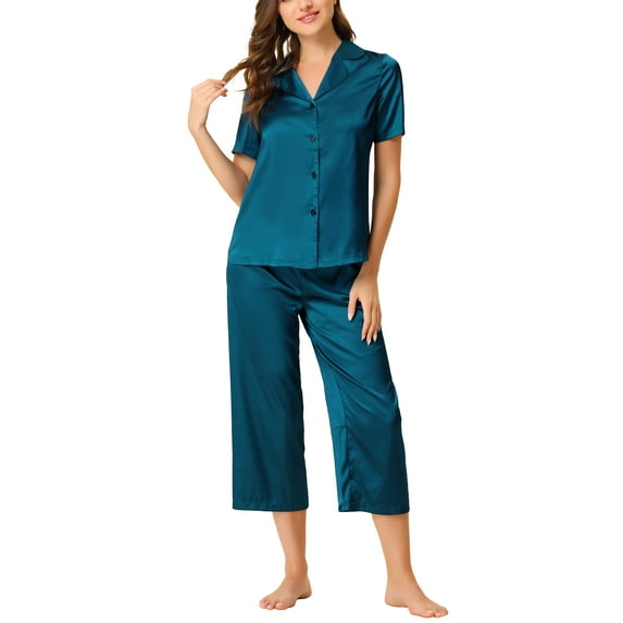 Unique Bargains Women's Loungewear Tops and Capri Pants Satin Pajama Sleepwear Sets