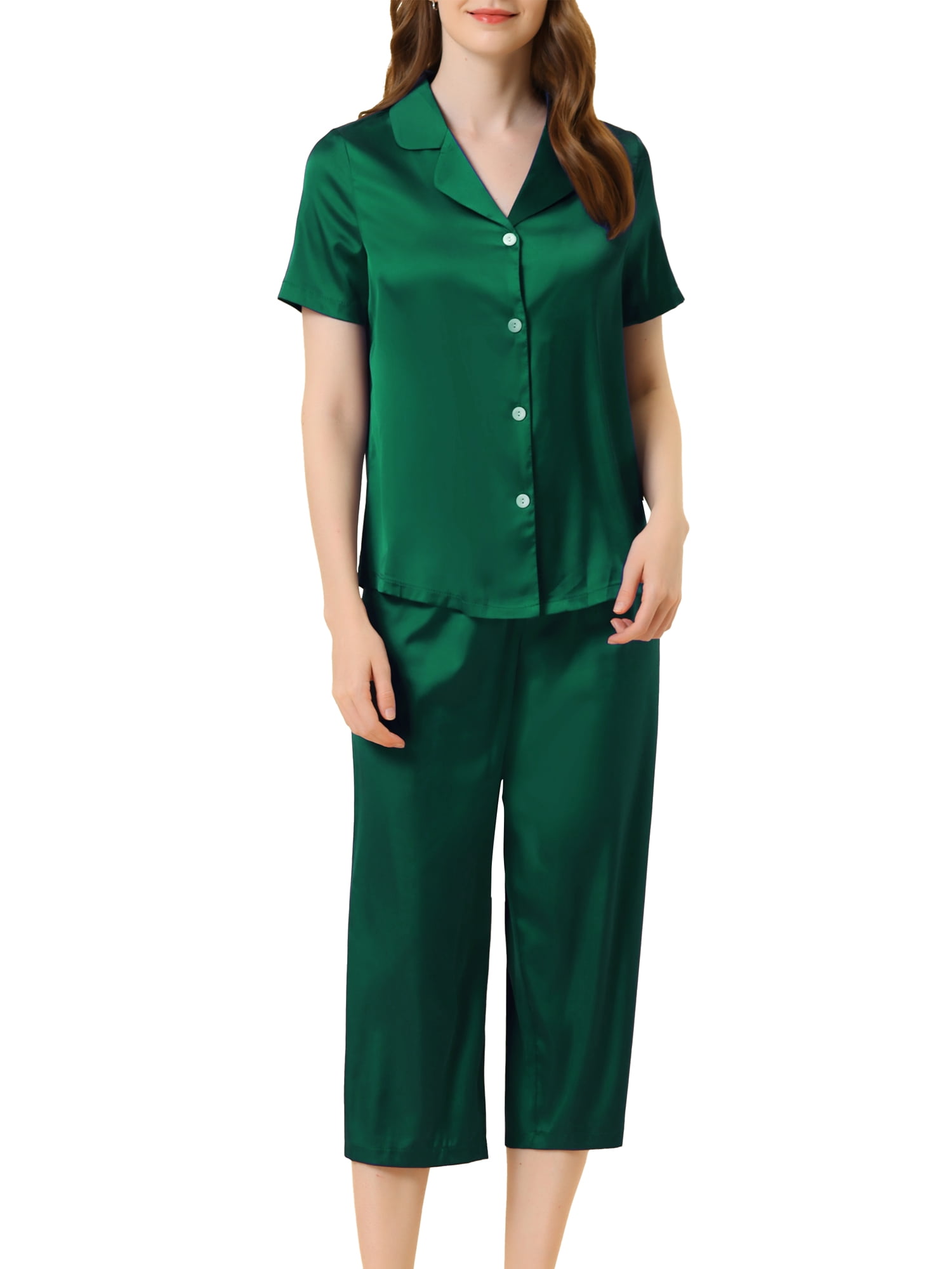 Unique Bargains Women's Loungewear Tops and Capri Pants Satin Pajama Sleepwear Sets