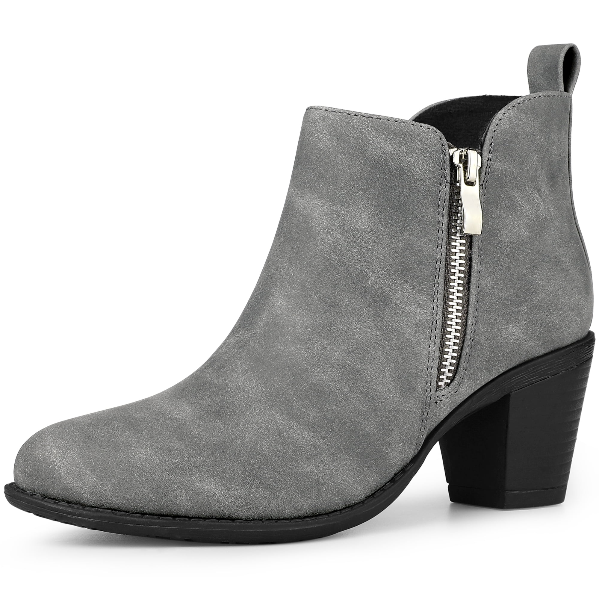 Unique Bargains Women's Low Chunky Heel Zipper Western Ankle Booties Gray 7.5