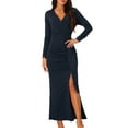 thumbnail image 1 of Unique Bargains Women's Maxi Bodycon Draped Front Ruched Cocktail Dress with Slit L Dark Blue, 1 of 6