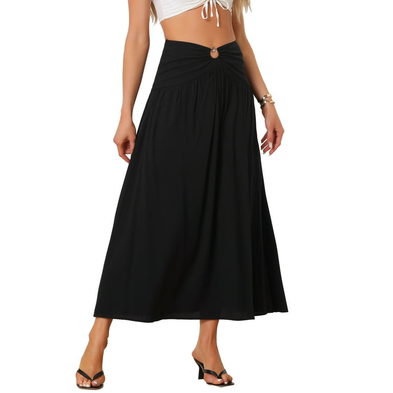 Unique Bargains Women s Maxi Boho Skirt Summer Flowy Smocked Waist Boho Skirt M Black Walmart