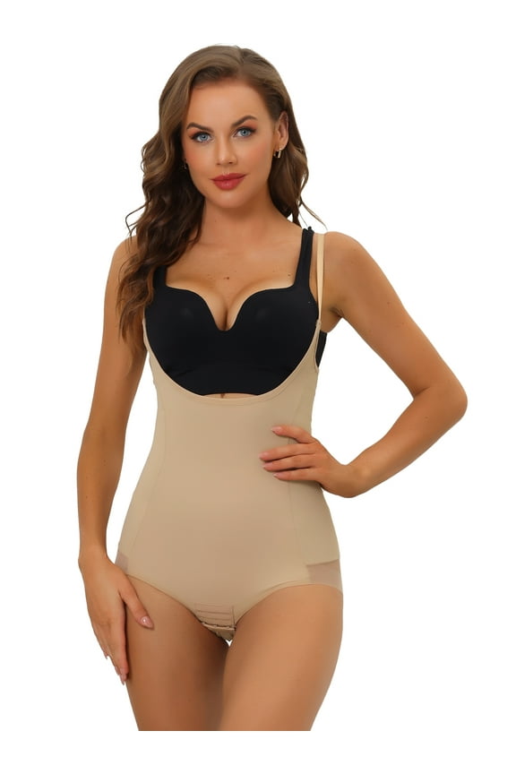 Women's Mesh Full Shapewear Open Bust Leotard Jumpsuit Bodysuit L Beige