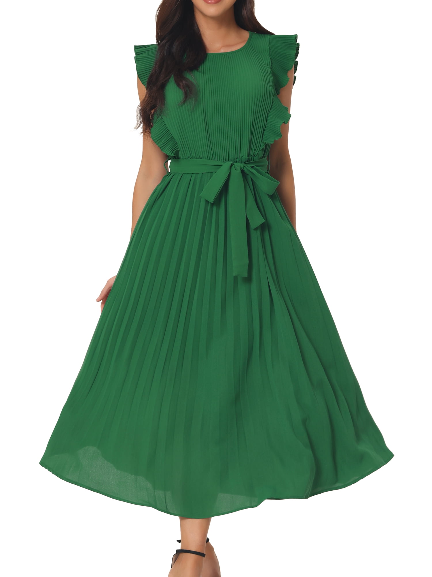 Unique Bargains Women's Ruffle Sleeveless Midi Dress with Tie Waist Belt M  Green - Walmart Business Supplies
