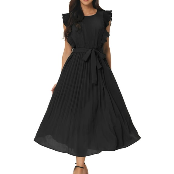 Unique Bargains Women's Ruffle Sleeveless Midi Dress with Tie Waist Belt XL Black