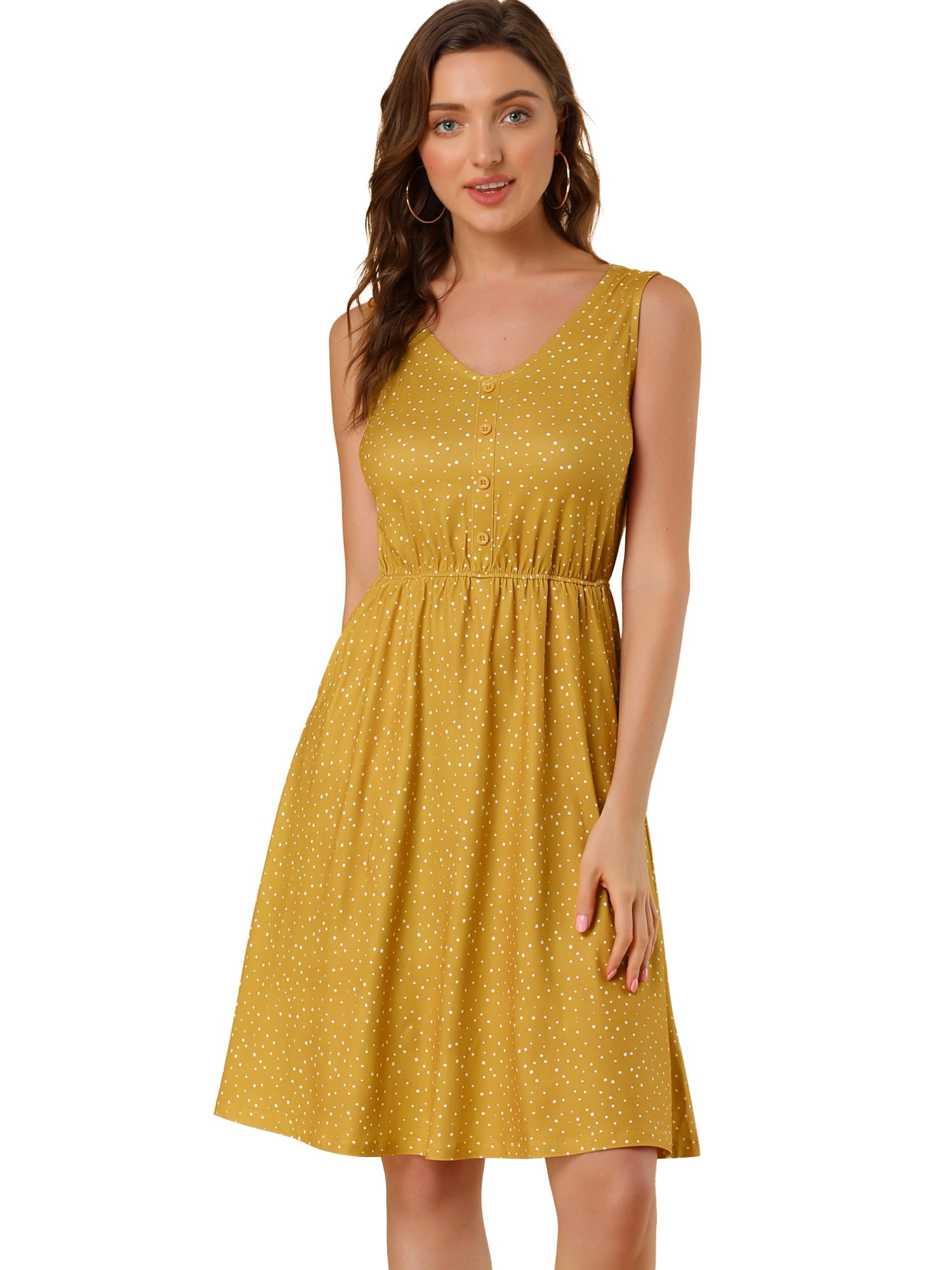 Unique Bargains Women's Midi Polka Dots V-Neck Tie Drawstring Waist Sleeveless Dress S Yellow