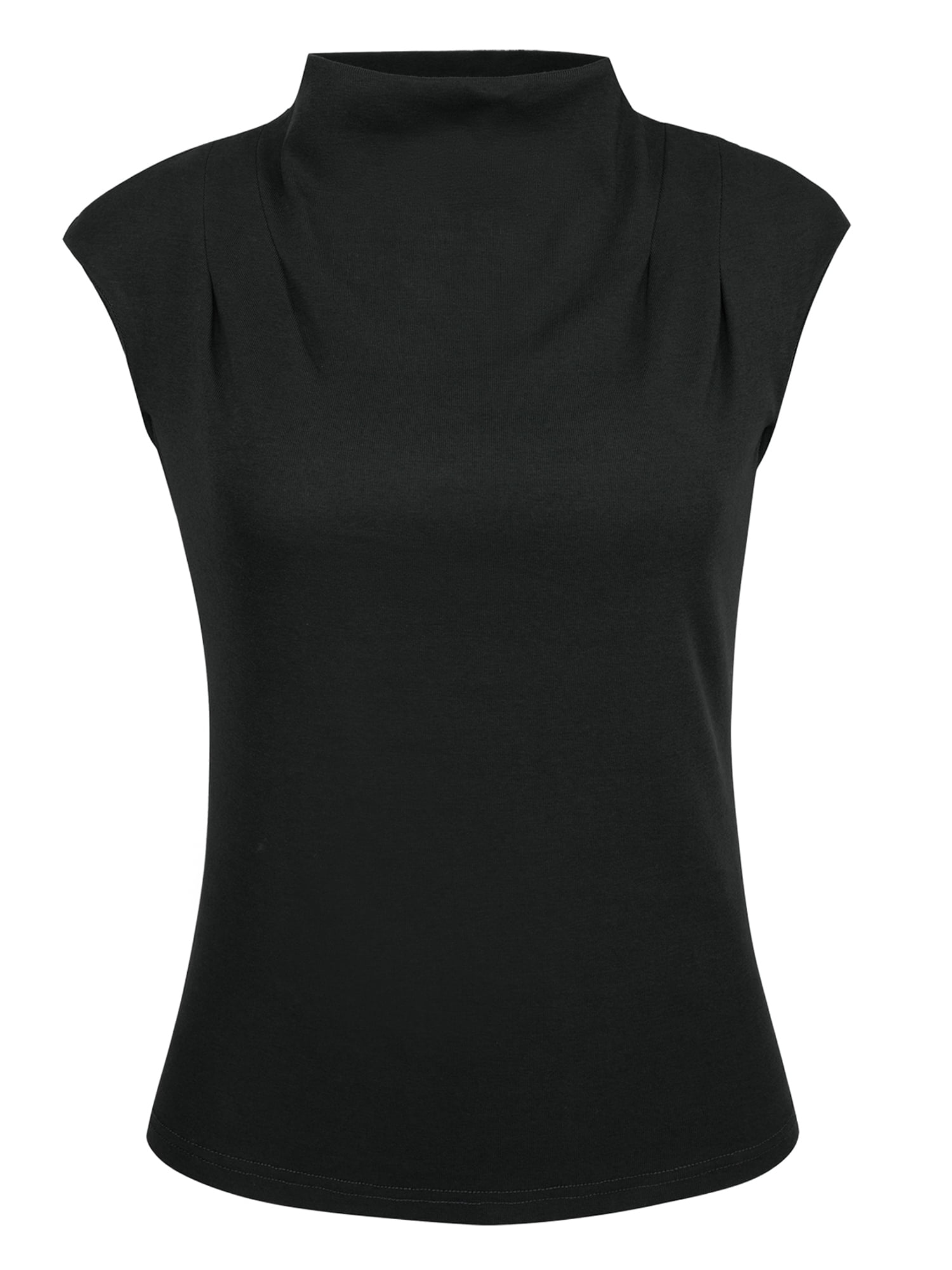 Unique Bargains Women's Mock Neck Blouse Basic Cap Sleeve Knitted Tops L Black
