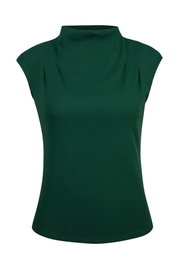 Women's Mock Neck Blouse Basic Cap Sleeve Knitted Tops L Green