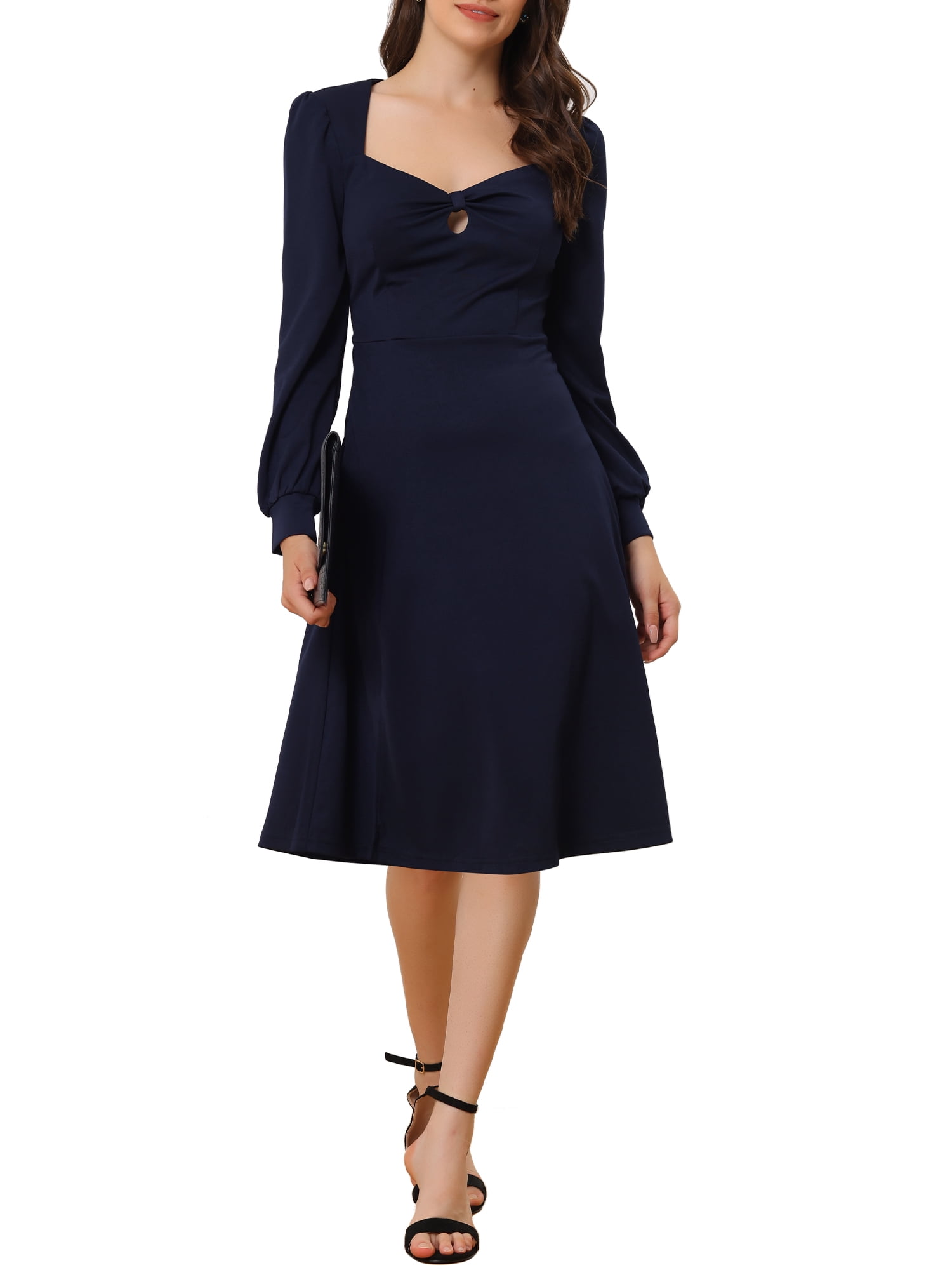 Unique Bargains Women's Neck Keyhole Front Split Midi Elegant Cocktail Dress Dark Blue XS