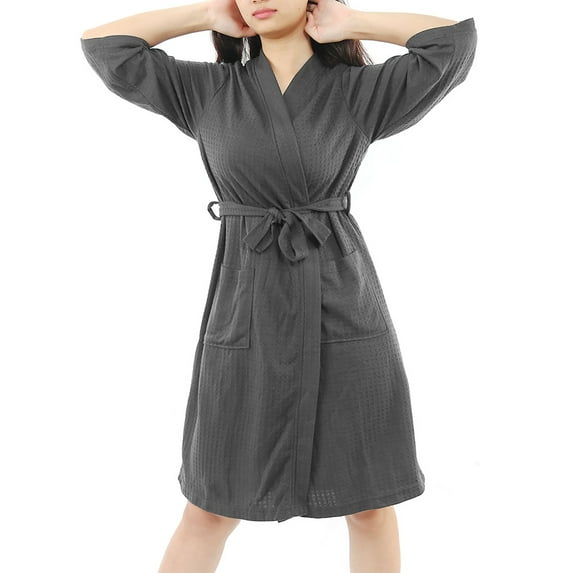 Unique Bargains Women's Nightgown 3/4 Sleeve Kimono Robe Waffle Bathrobe with Pockets Gray m