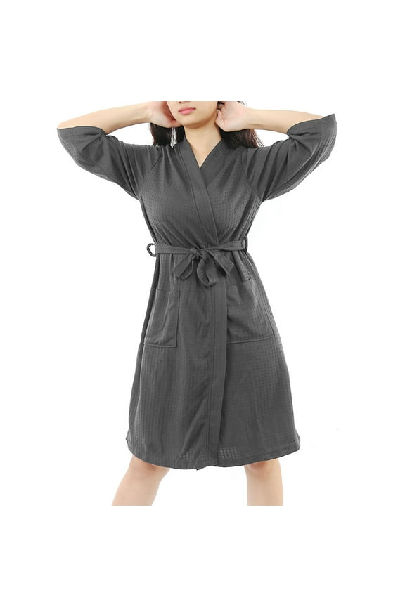 Unique Bargains Women's Nightgown 3/4 Sleeve Kimono Robe Waffle Bathrobe with Pockets Gray m