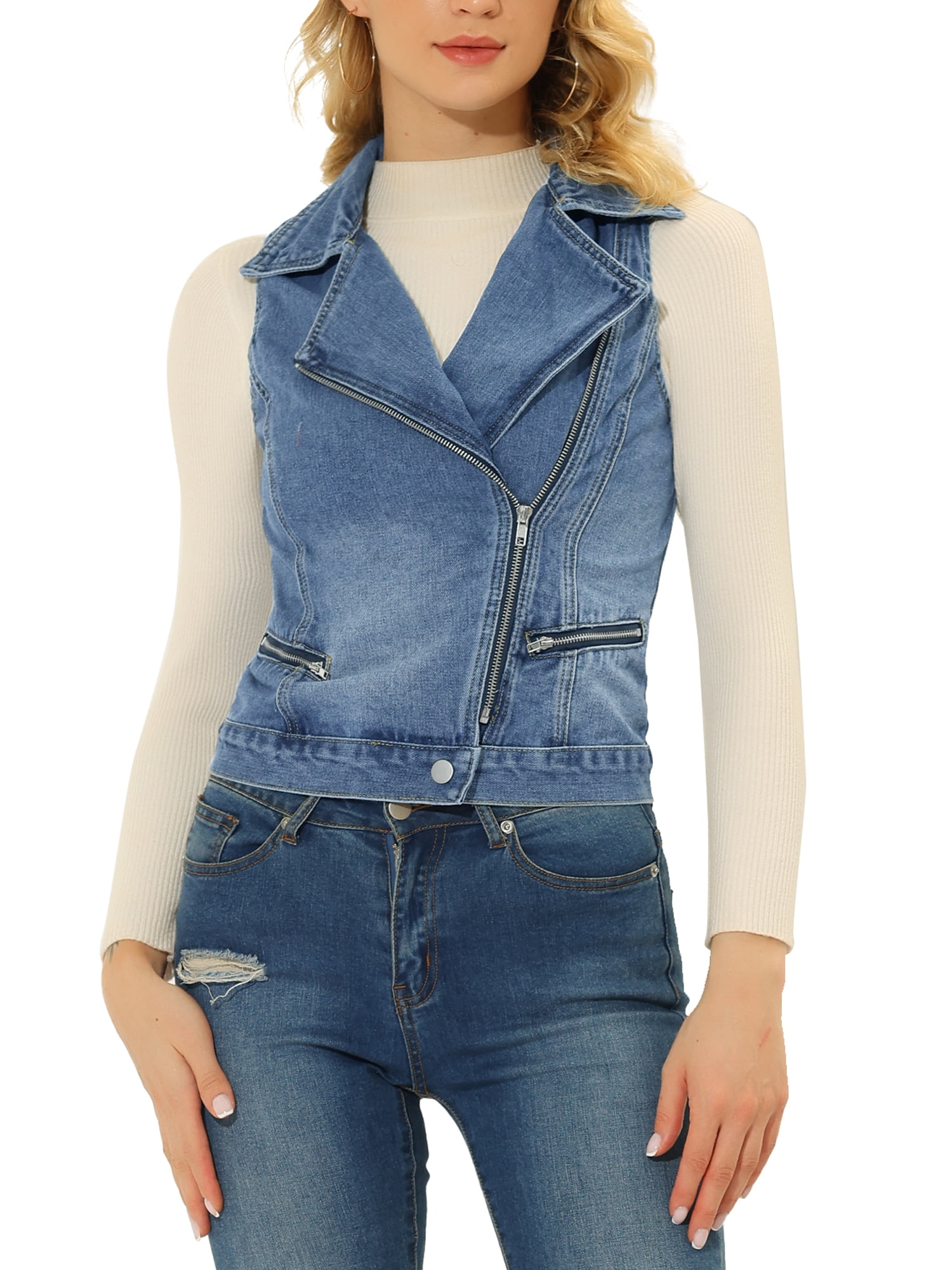 Unique Bargains Women's Notched Lapel Asymmetrical Zip Up Sleeveless Denim Vest Jacket