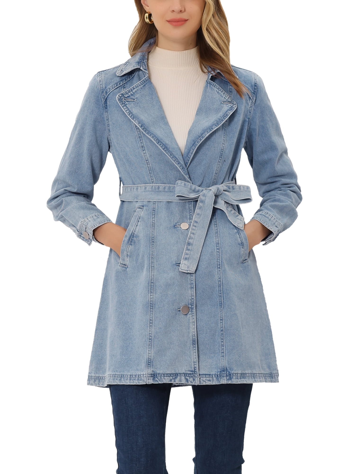 Unique Bargains Womens Notched Lapel Belted Trench Jean Long Denim Jacket 0292