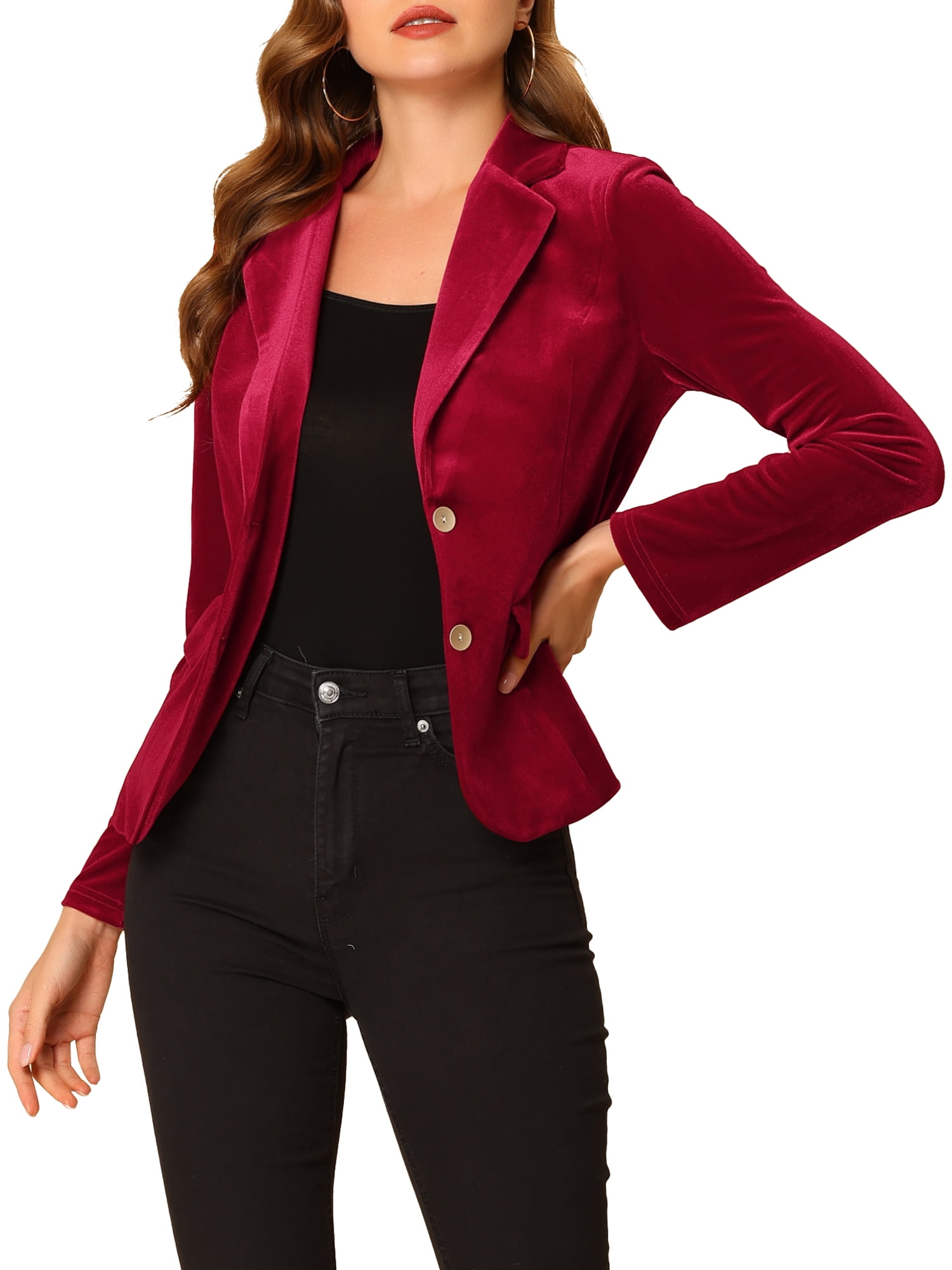 Unique Bargains Women's Notched Lapel Button Front Office Velvet Blazer Jacket XL Burgundy
