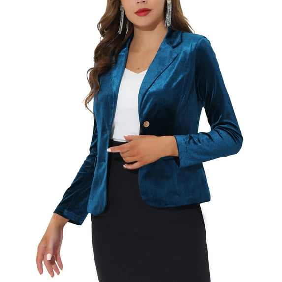 Unique Bargains Women's Notched Lapel Button Front Velvet Blazer Jacket XL Peacock Blue