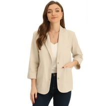 Unique Bargains Women's Notched Lapel Collar 3/4 Sleeve Suit Linen Blazer Jacket XS Beige