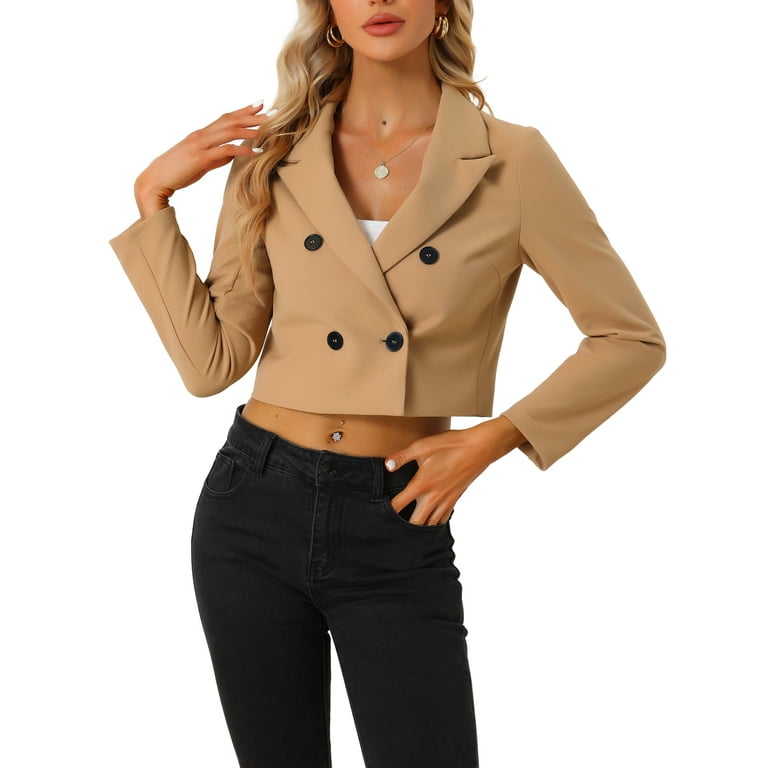 Unique Bargains Women s Notched Lapel Collar Office Cropped Blazer Jacket L Khaki Walmart