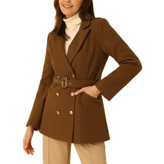 Unique Bargains Women's Notched Lapel Double Breasted Winter Trenchcoat L Caramel