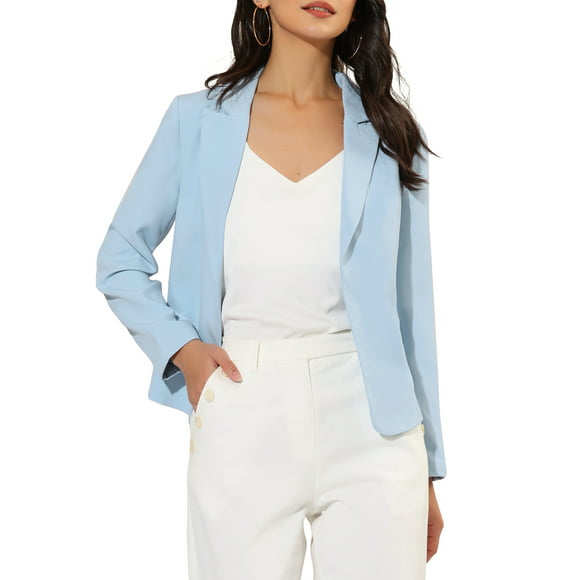 Unique Bargains Women's Notched Lapel Open Front Work Crop Blazer Jacket XS Sky Blue-Solid