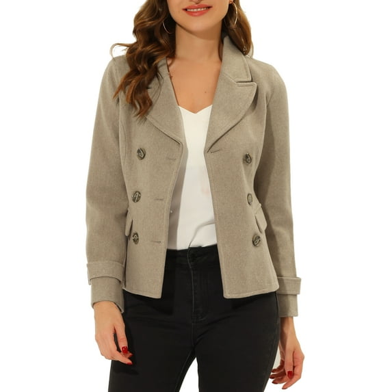 Unique Bargains Women's Notched Lapel Outerwear Double Breasted Coat S Light Brown
