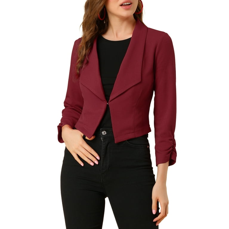 Unique Bargains Women's Notched Lapel Ruched Sleeve Jackets Business Crop  Blazer S Burgundy