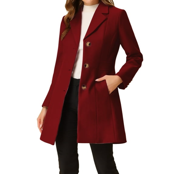 Unique Bargains Women's Notched Lapel Single Breasted Long Sleeve Winter Coats M Red
