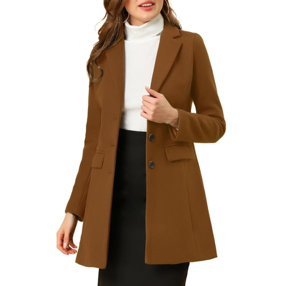 Unique Bargains Women's Notched Lapel Single Breasted Outwear Long Coat M Dark Brown