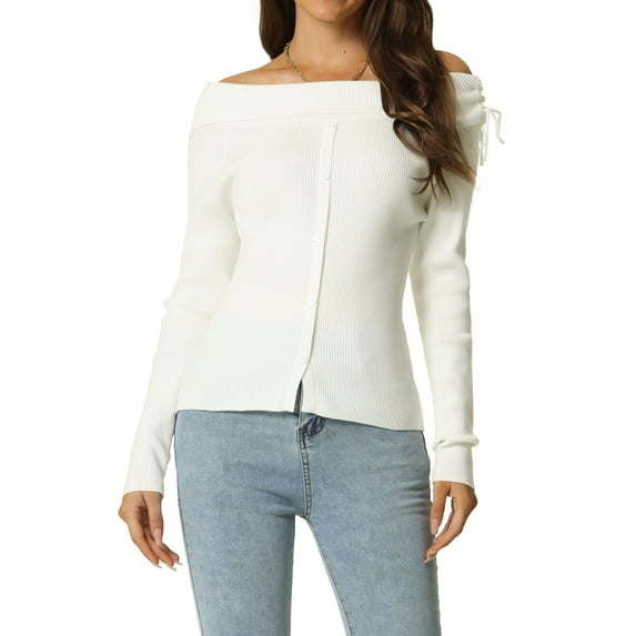 Unique Bargains Women's Off Shoulder Ribbed Knit Long Sleeve Solid Sweater Pullover Top L White