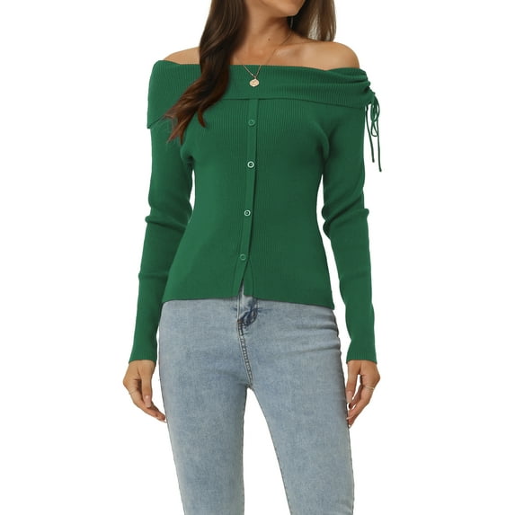 Unique Bargains Women's Off Shoulder Ribbed Knit Long Sleeve Solid Sweater Pullover Top M Green