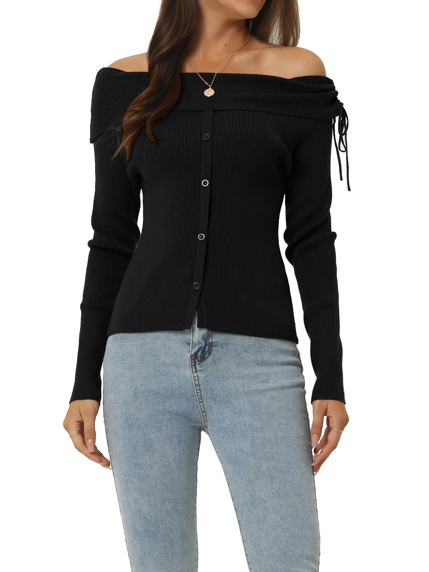 Unique Bargains Women's Off Shoulder Ribbed Knit Long Sleeve Solid Sweater Pullover Top XL Black