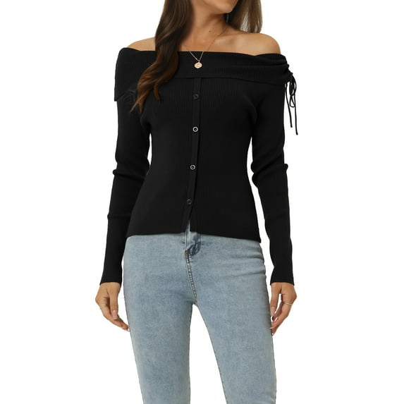 Unique Bargains Women's Off Shoulder Ribbed Knit Long Sleeve Solid Sweater Pullover Top XL Black