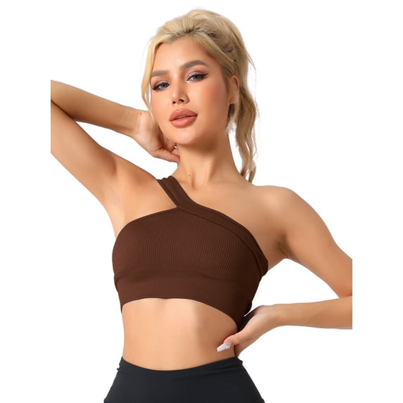 Unique Bargains Women's Off-Shoulder Ribbed Workout Fitness Lingerie M Brown