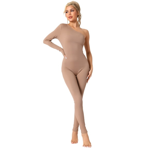 Unique Bargains Women's Off-Shoulder Slim Fit Soft Shapewear Jumpsuit M Beige