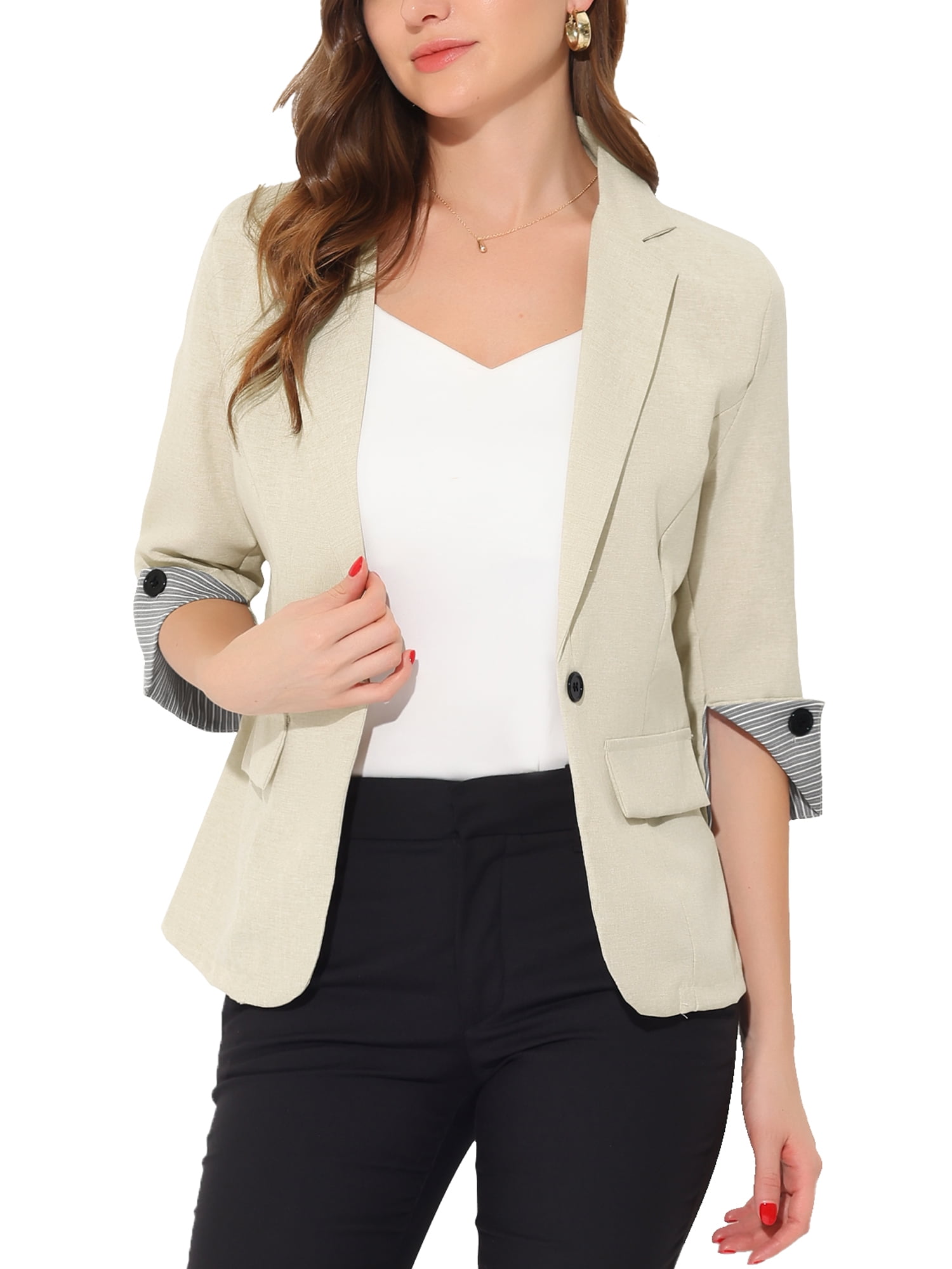 Unique Bargains Women's Office Suit Jacket Notched Lapel Collar 3/4 Sleeve Blazer XS Beige
