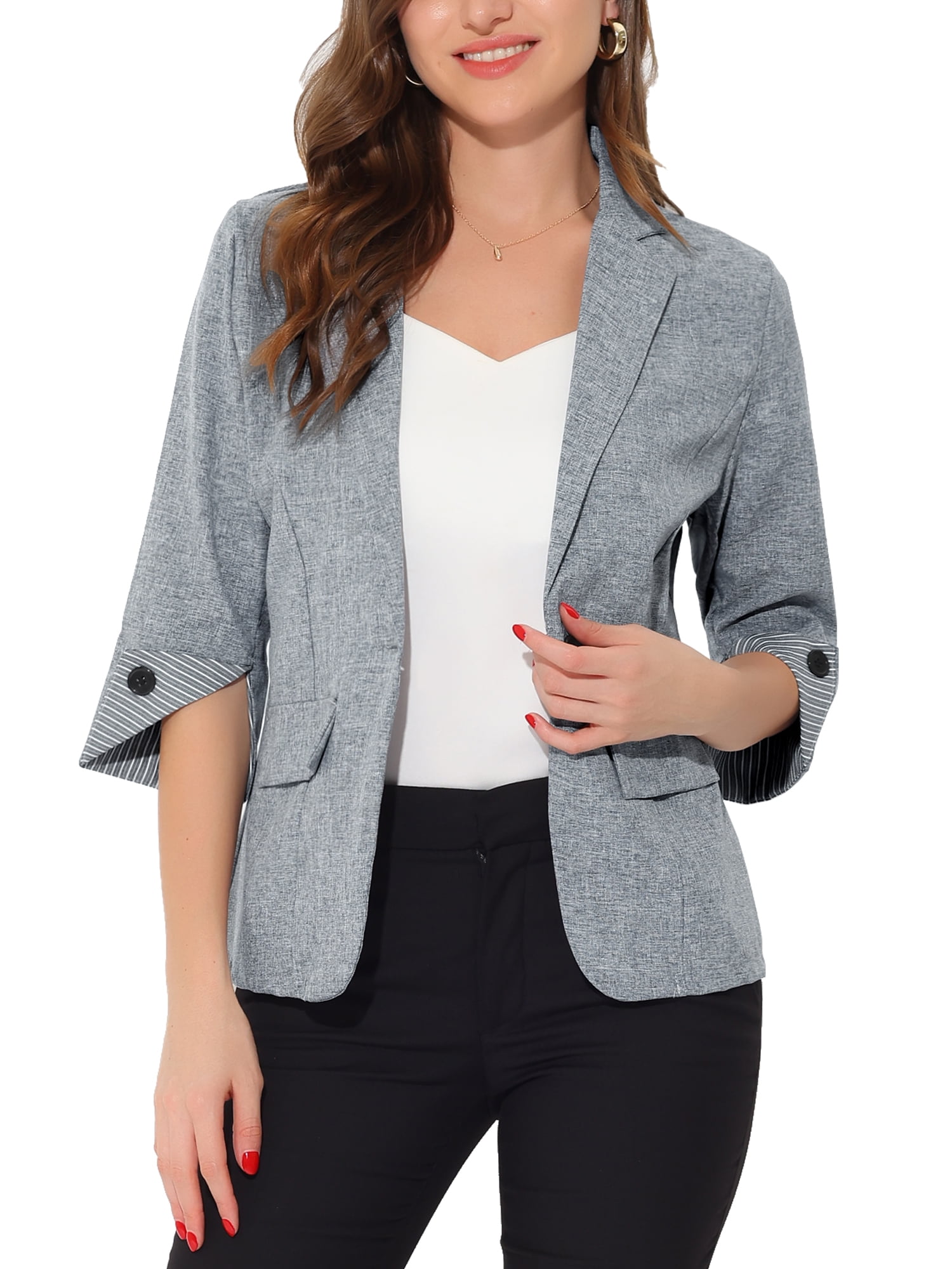 Unique Bargains Women's Office Suit Jacket Notched Lapel Collar 3/4 Sleeve Blazer XS Grey