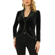 Unique Bargains Women's One Button Notched Lapel Long Sleeves Velvet Blazer XL Black